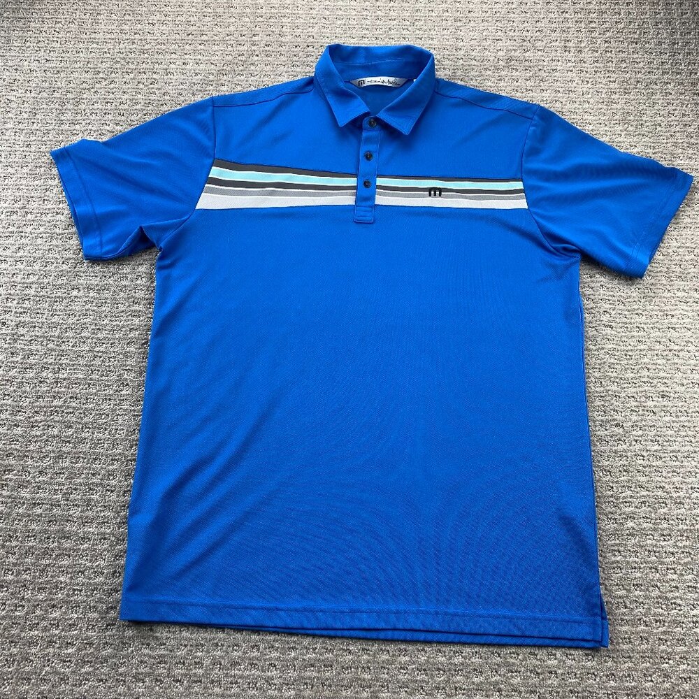Travis Mathew Golf Shirt Men Large L Blue Gray Green Striped Embroidered Casual